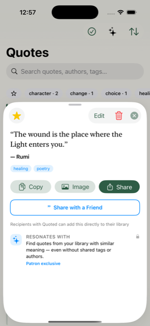 A single quote detail view with author, tags, and share options