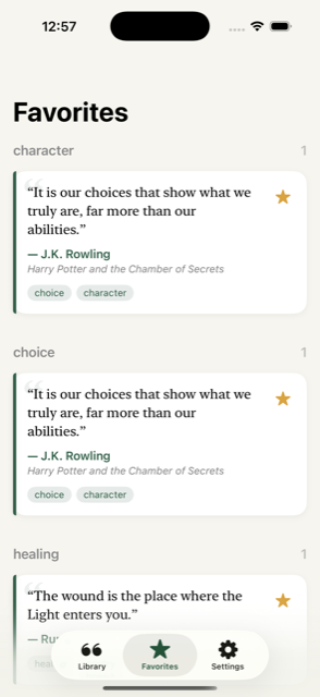 Favorites screen grouped by tag