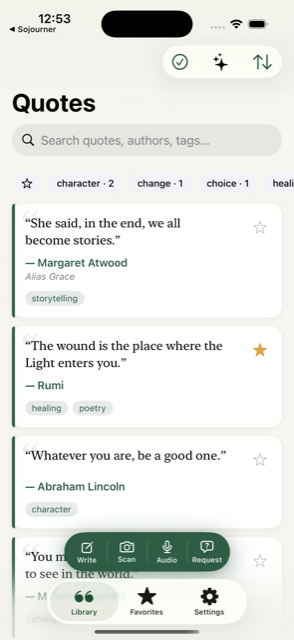 Quoted library screen showing a list of saved quotes with tags