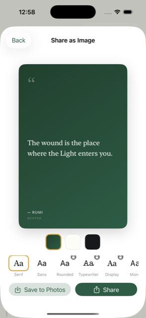 Share as Image screen turning a quote into a styled card